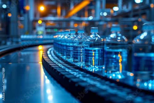 Automated Conveyor Belt System Transporting Bottles of Water in Industrial Factory with Blue Illumination
