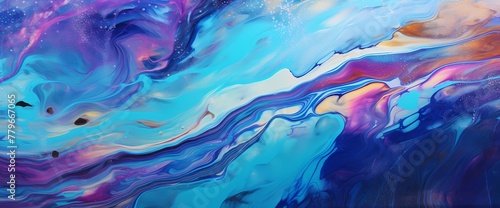 Luminescent waves of color shimmer with the addition of glitters, captivating in this mesmerizing marble ink abstract masterpiece.