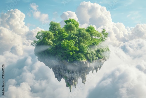 A photograph capturing a surreal scene of a landmass suspended in the sky surrounded by clouds, A representation of cloud storage envisioned as a lush, floating island, AI Generated