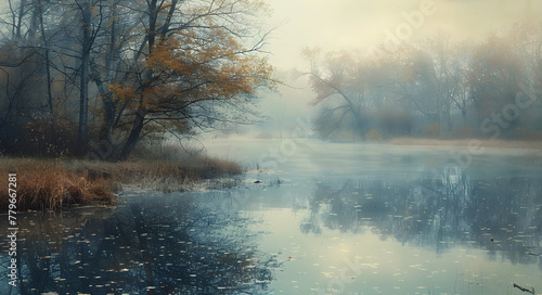 A serene landscape with reflections on the calm water, creating a feeling of peace and tranquility. Suitable for nature and relaxation themes. © NE97