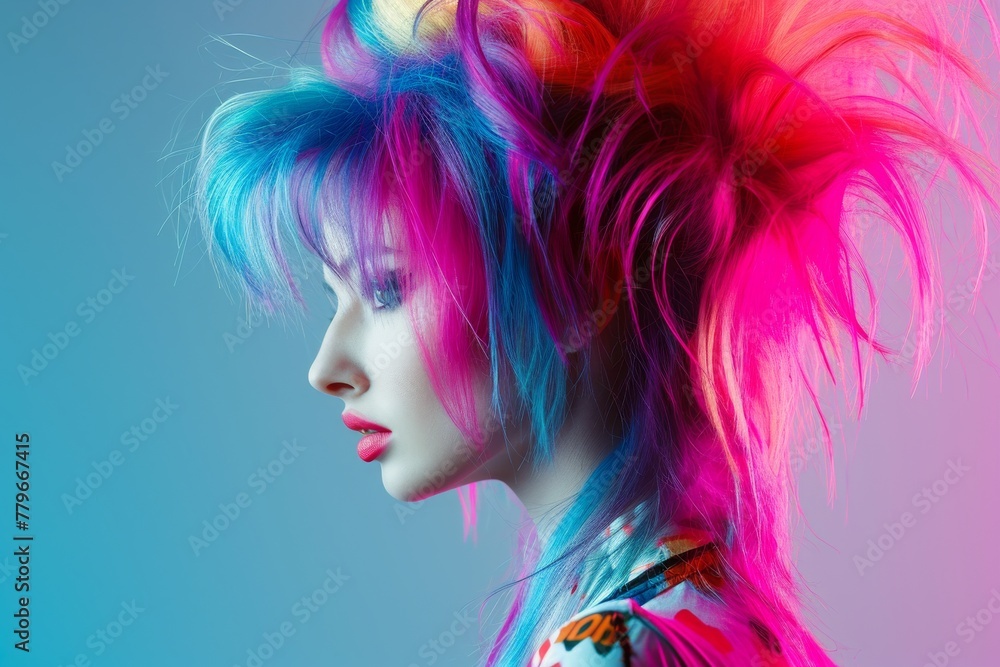 A vibrant portrait of a woman with vibrant hair colors and bold makeup, A riotous hairstyle from the 80s, complete with hair spray and bold colors, AI Generated