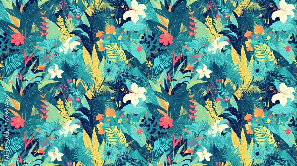 Rain-kissed Amazonian paradise, vivid flora and fauna, seamless, Rain-kissed Amazonian paradise, vivid flora and fauna, seamless,