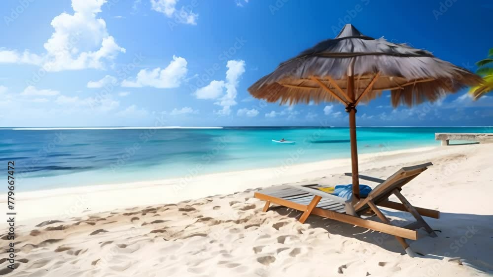 Sun lounger and beach umbrella on the sandy beach by the sea Sun lounger and beach umbrella on the sandy beach by the sea