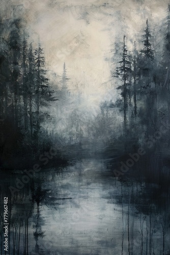 Gemälde eines mysteriösen, dunklen Waldes, geheimnisvolle Bäume im Nebel, Hintergrund für einen Krimi oder Thriller photo