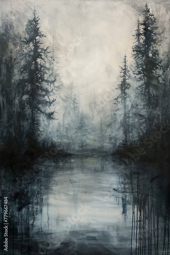 Gemälde eines mysteriösen, dunklen Waldes, geheimnisvolle Bäume im Nebel, Hintergrund für einen Krimi oder Thriller © MONO