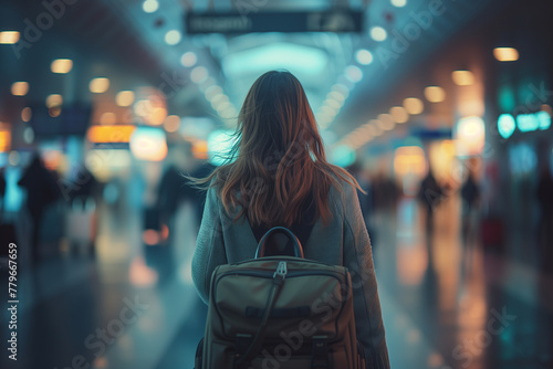 Back view of a young woman with a backpack in an airport, facing the terminal's expanse and travelers passing by.