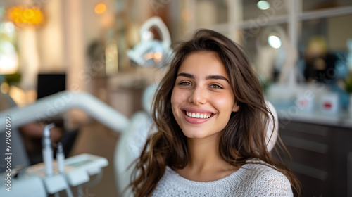 A smiling young woman in a dental office, with medical equipment in the background, representing a happy patient. Generative AI