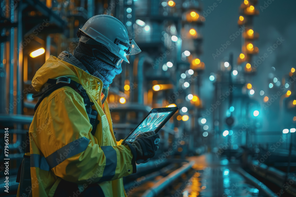 Worker in safety gear using a tablet to monitor nocturnal activities at an industrial plant