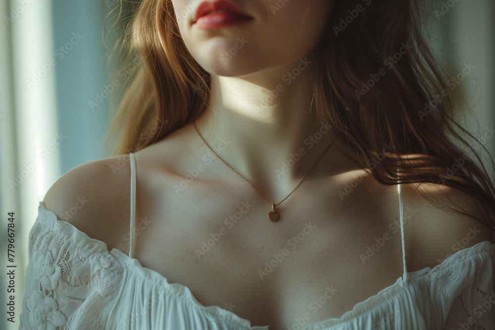 Close-up view capturing the delicate elegance of a woman's necklace and white lace dress with soft sunlight enhancing the mood.