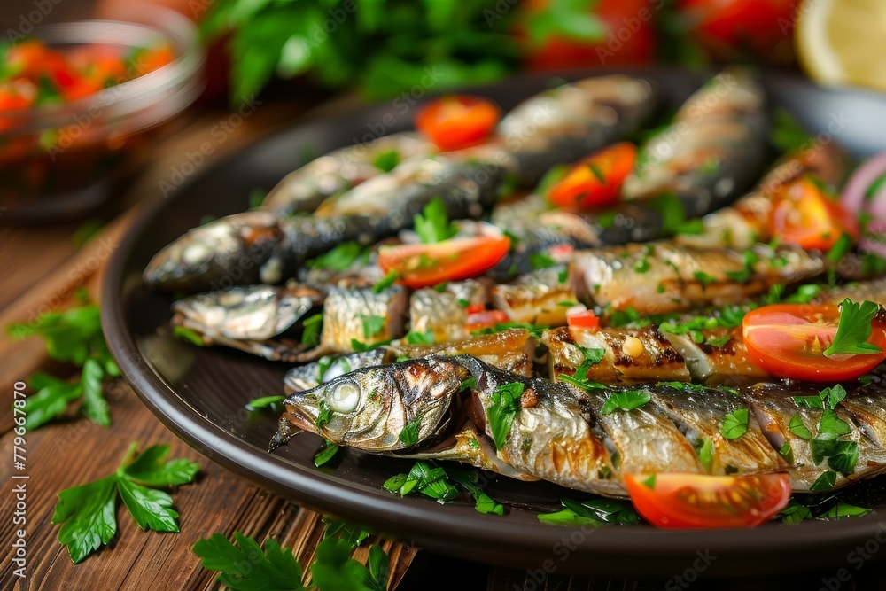 Sardines with veggie sauce parsley tomato on wooden surface Sardines with veggie sauce parsley tomato on wooden surface