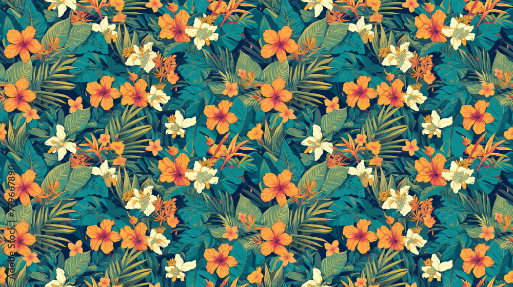 Fototapeta premium Raindrops on bright, exotic flowers, seamless rainforest pattern,