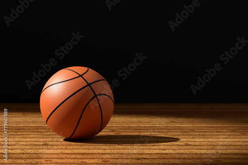 Basketball on weathered wooden court floor under the spotlight.