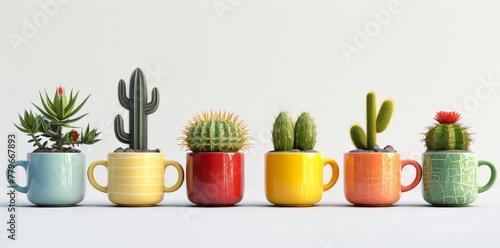 Colorful coffee mugs with cactus plants on white background, vibrant and quirky home decor concept