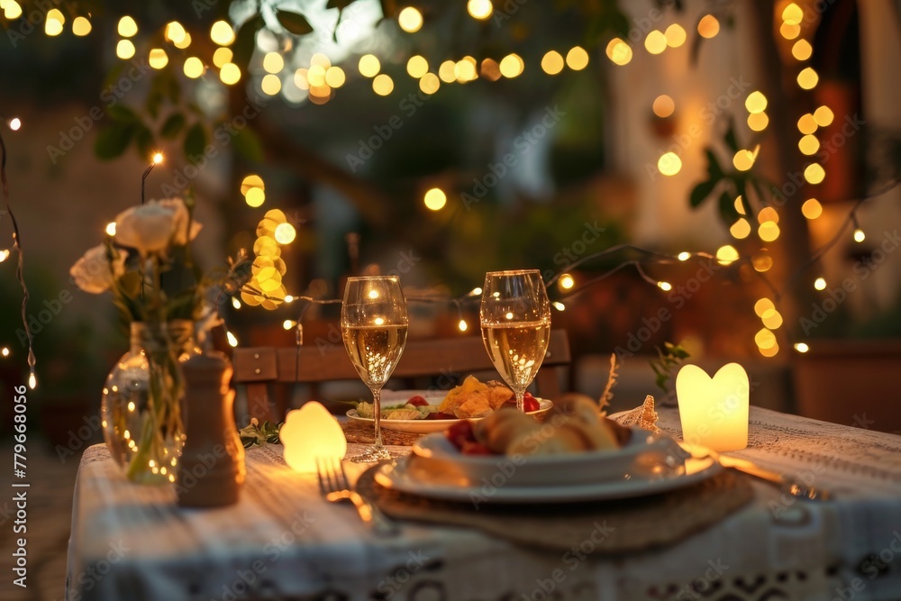 A table set with a plate of food and two glasses of wine, showcasing a delicious meal ready to be enjoyed, A romantic Italian dinner setting under twinkling heart lights, AI Generated A table set with a plate of food and two glasses of wine, showcasing a delicious meal ready to be enjoyed, A romantic Italian dinner setting under twinkling heart lights, AI Generated