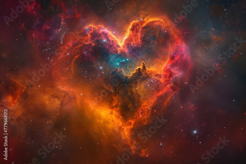 A cloud resembling a heart shape floating amidst the vast expanse of outer space, A romantic image of a heart nebula with splendid colors, AI Generated photo