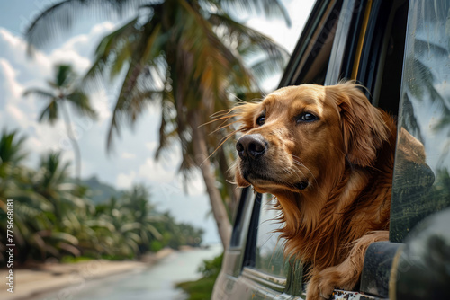 Golden retriever enjoying a car ride by the beach. Generative AI image photo