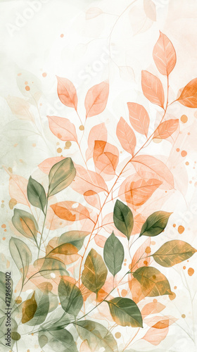 Soft peach and green watercolor leaf design. Generative AI image