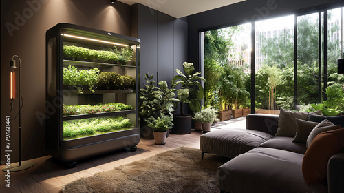Smart vertical hydroponic shelving system that automatically grows herbs in home interior, glowing with LED lights, urban farming solutions 