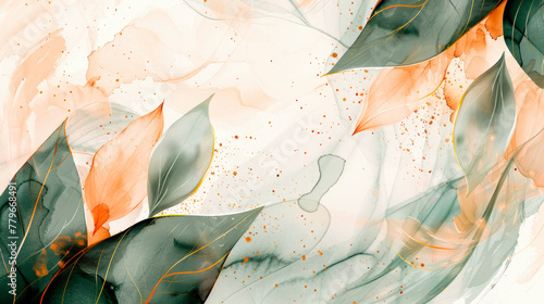 Abstract Watercolor Peach and Green Leaf Design. Generative AI image
