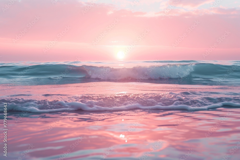 A golden sun sinking below the horizon, casting vibrant hues across the ocean waves, A rosy-hued sunset reflected in gentle ocean waves, AI Generated