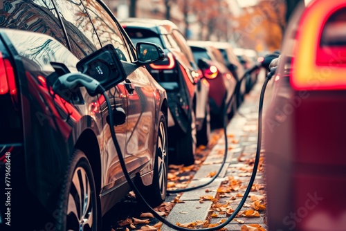 A straight city street filled with parked cars lined up in a neat row on a busy day, A row of electric vehicles charging at a busy city charging station, AI Generated photo