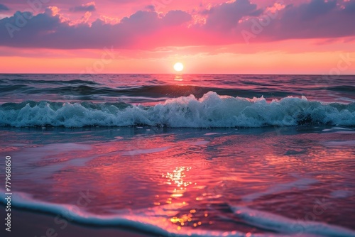 The sun is descending below the horizon as it casts a warm glow over the rolling waves of the ocean, A rosy-hued sunset reflected in gentle ocean waves, AI Generated photo