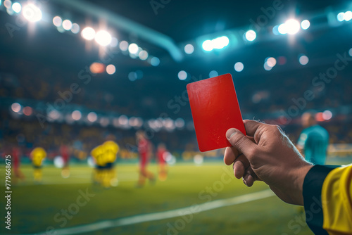 Referee issuing red card at a night football match. Generative AI image photo