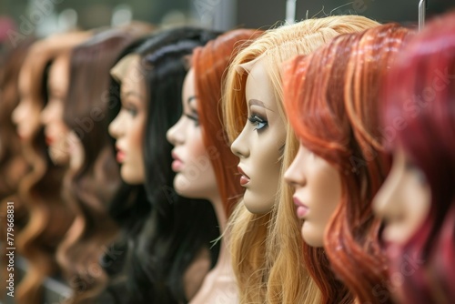 A lineup of mannequin heads featuring various colored hair, showcasing the diversity of hairstyles, A row of hair mannequins displaying various styled wigs, AI Generated