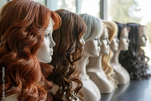 A display of various wigs neatly lined up on a table, showcasing different styles and colors, A row of hair mannequins displaying various styled wigs, AI Generated photo