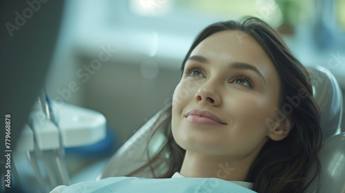 Close-up of a smiling female patient in a dentist's chair, a medical clinic environment, concept of dental care. Generative AI