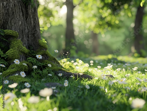 A tree trunk with moss growing on it is surrounded by a field of white flowers. The scene is peaceful and serene, with the sunlight filtering through the trees and illuminating the flowers