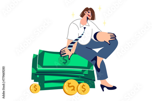 Rich woman sits on stack of money earned in business, and thinks about where to invest money