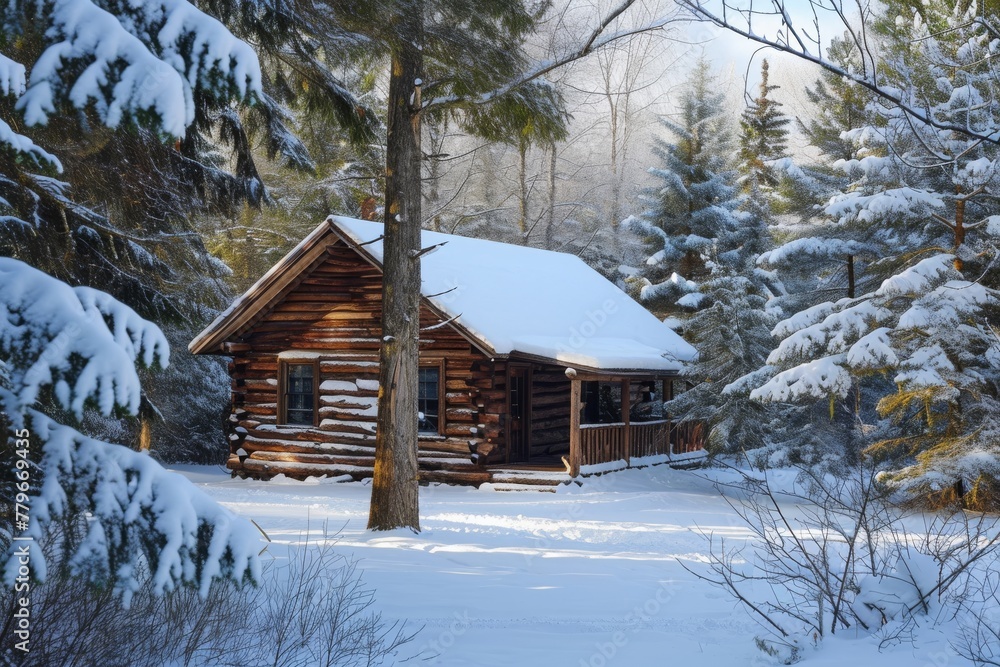 A log cabin surrounded by snowy trees in a serene forest setting, A rustic log cabin nestled in a snowy forest, AI Generated