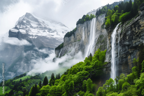 Majestic waterfall in a lush mountainous landscape. Generative AI image photo