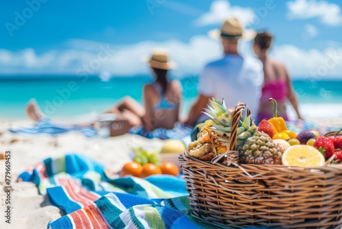 Family enjoying a picnic on a sandy beach with a basket of fresh fruits in the foreground.