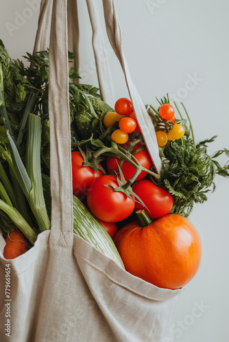 Hand holding an eco-friendly bag with fresh tomatoes and greens. Generative AI image photo