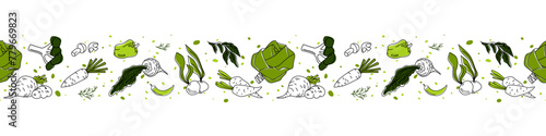 Fresh and yummy vegetable border frame element. Artistically drawn outlines in vibrant green only hues gives cozy imprint on any restaurant menu displays or graphical decor. Vector format.