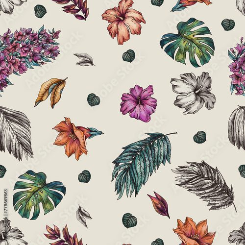 Vintage floral tropical seamless pattern, summer vivid flowers texture