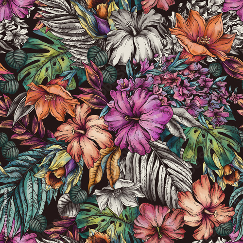 Vintage floral tropical seamless pattern, summer vivid flowers texture (ID: 779669869)