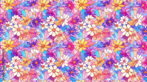 Stained glass florals  bright and segmented in seamless beauty 