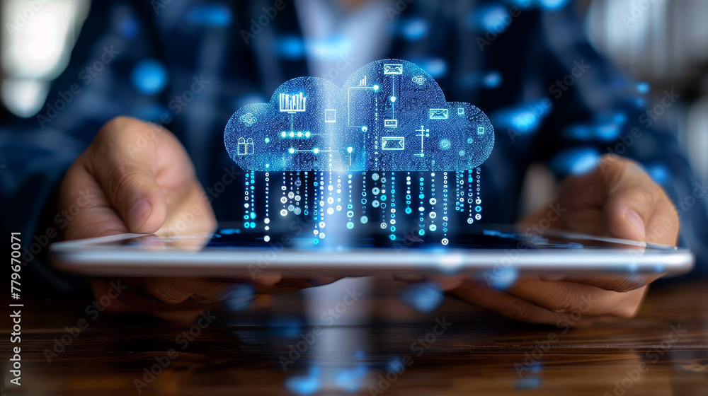 Fototapeta premium Hands holding a tablet with a holographic cloud computing concept, on a blurred office background, symbolizing data security. Generative AI