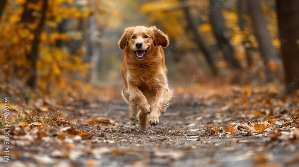 A happy golden retriever dog running through a path covered with autumn leaves, surrounded by trees. Generative AI