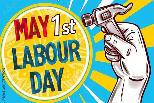 a Vector illustration of strong fist holding wrench and text 1st MAY LABOUR DAY or labor day poster design