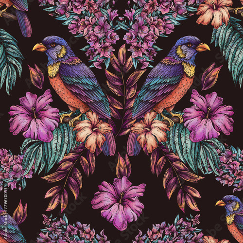 Vintage floral tropical bird seamless pattern, summer vivid flowers texture (ID: 779670043)
