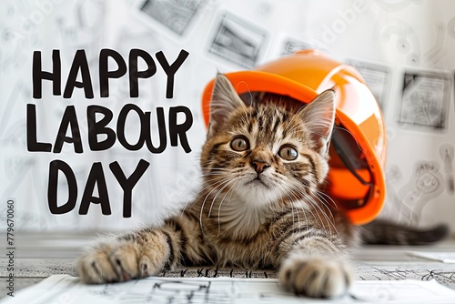 CAT in a construction helmet on the right of image, text HAPPY LABOUR DAY on the left, white background © Izanbar MagicAI Art