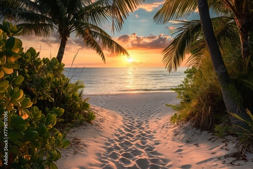 A well-defined pathway surrounded by tall palm trees leading to a sandy beach with waves crashing in the distance, A sandy pathway leading to a romantic tropical beach setting at sunset, AI Generated photo