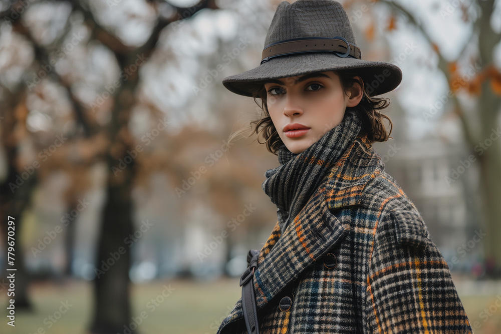 A fashionable individual in a plaid coat and hat embodies the essence of autumn in a park, a scene crafted by Generative AI A fashionable individual in a plaid coat and hat embodies the essence of autumn in a park, a scene crafted by Generative AI