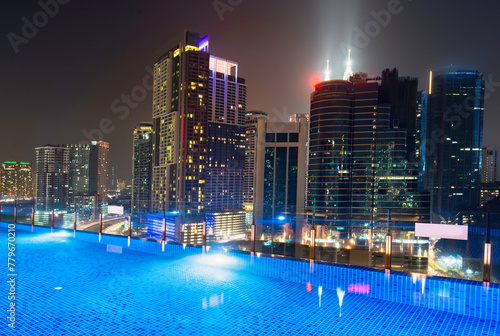Canvas Print Kuala Lumpur night scene cityscape,and illuminated swimming pool on roof,Malaysia