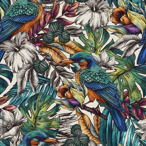 Vintage floral tropical bird seamless pattern, summer vivid flowers texture (ID: 779670289)
