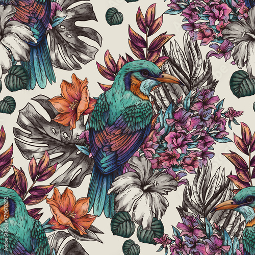Vintage floral tropical bird seamless pattern, summer vivid flowers texture (ID: 779670292)